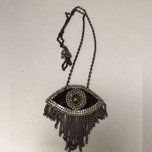 VTG Evil Eye Beaded Crystals Chain Necklace 14” Long Felted Back Missing 1 Stone